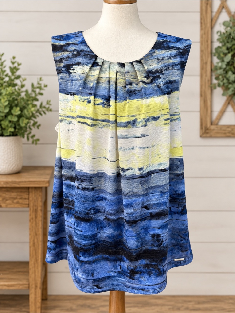 Calvin Klein Pleated Scoop Neck Tank in Blue and Yellow Abstract Stripe